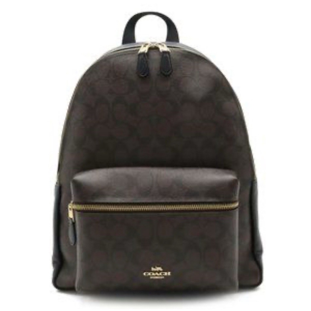 Coach Charlie Logo Signature Backpack‎ Brown Black Gold Hardware F58314 Coated